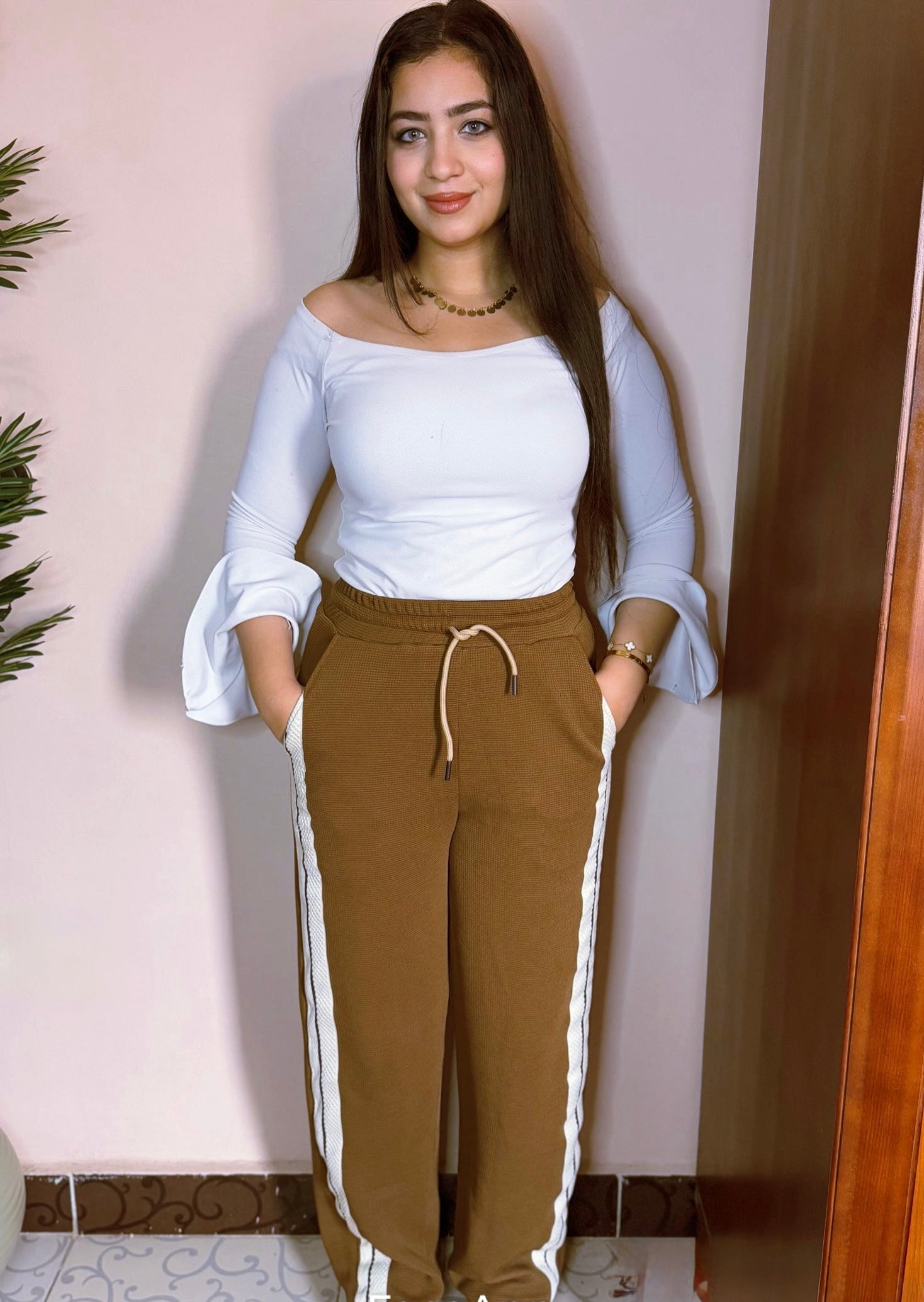 بنطلون وايد ليج بنى